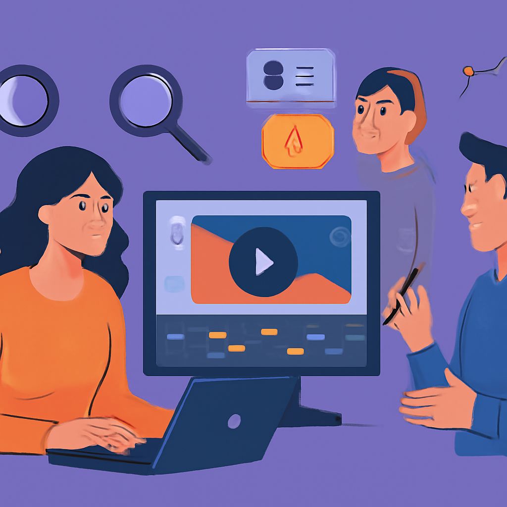 A woman works on a laptop with a video editing interface, while two men discuss ideas in a creative workspace.