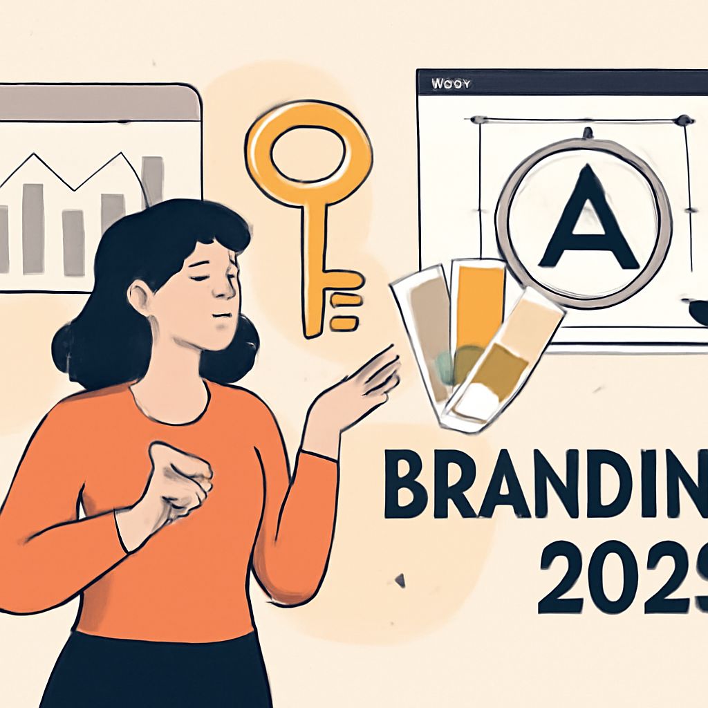 A woman in an orange top gestures thoughtfully, surrounded by branding elements, color palettes, and a graph.