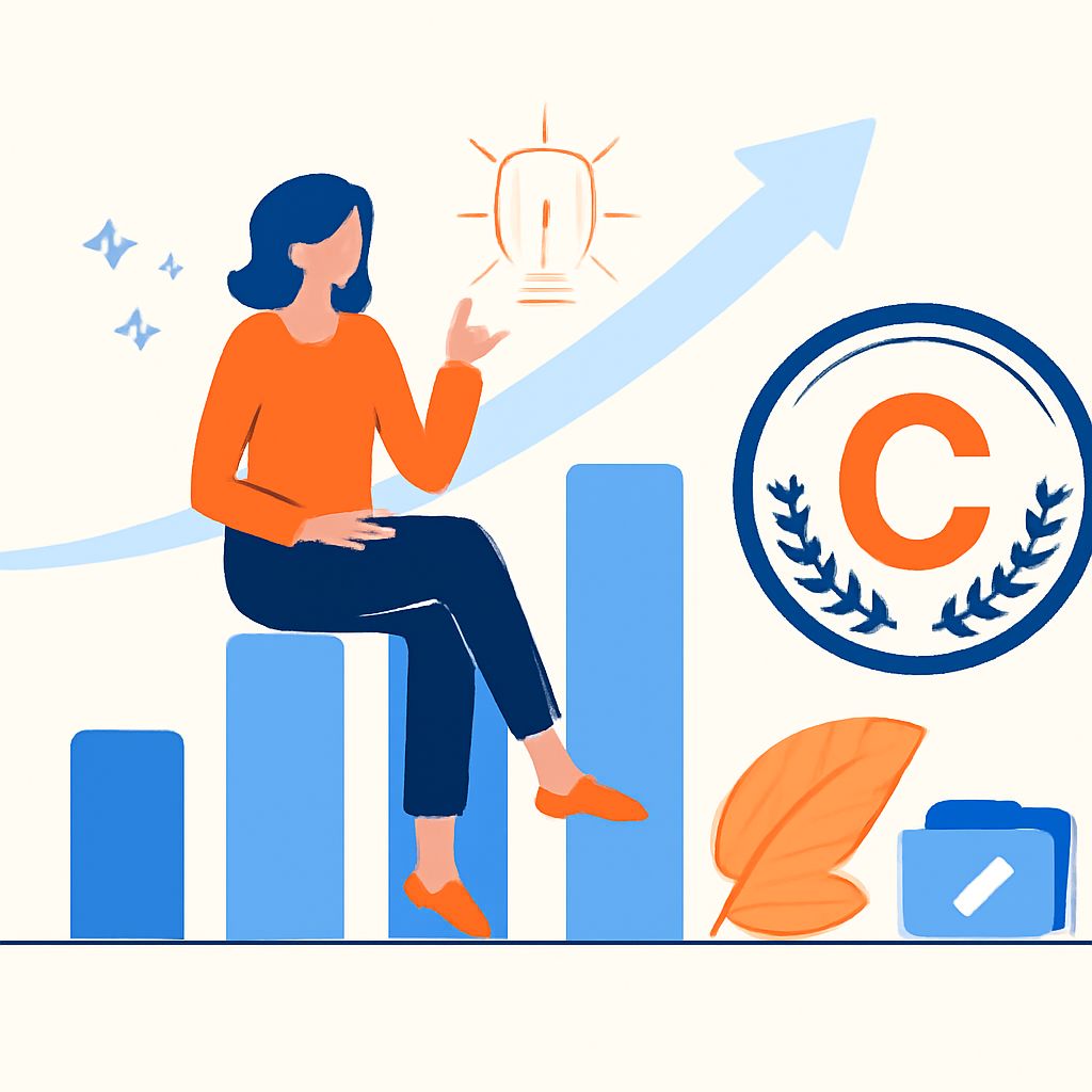 A woman in an orange top sits on a bar graph, gesturing towards a light bulb and a logo with a "C" and laurel leaves.
