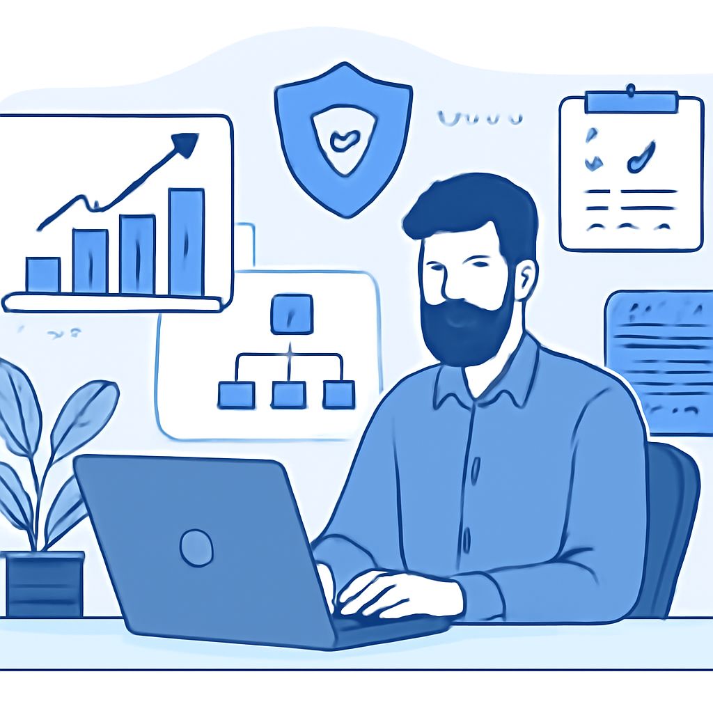 A man with a beard works on a laptop, surrounded by charts, a plant, and business planning visuals in a blue-toned offic