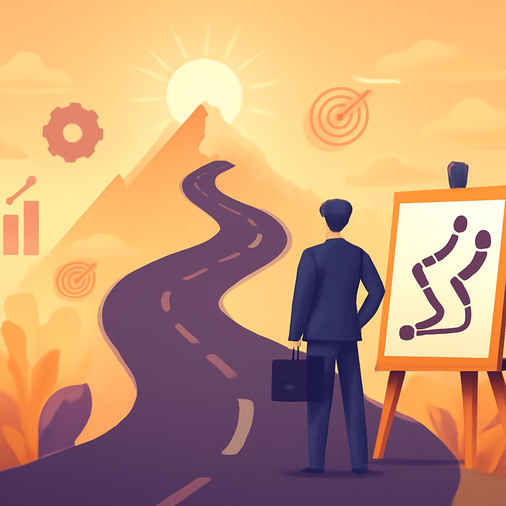 A businessman in a suit stands before a roadmap illustration, gazing towards a mountain under a glowing sunset.