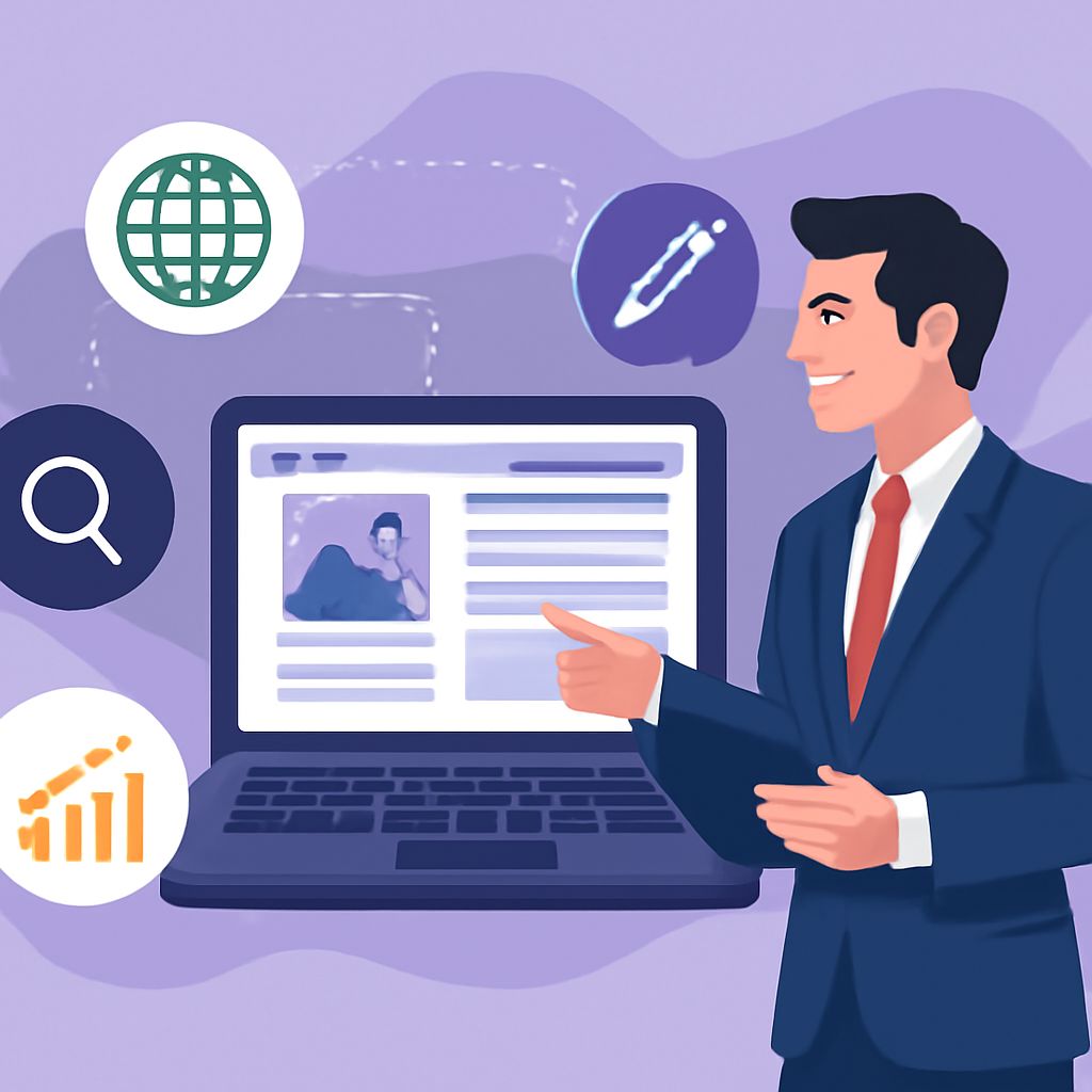 A man in a suit gestures towards a laptop displaying web design elements, surrounded by icons representing online servic