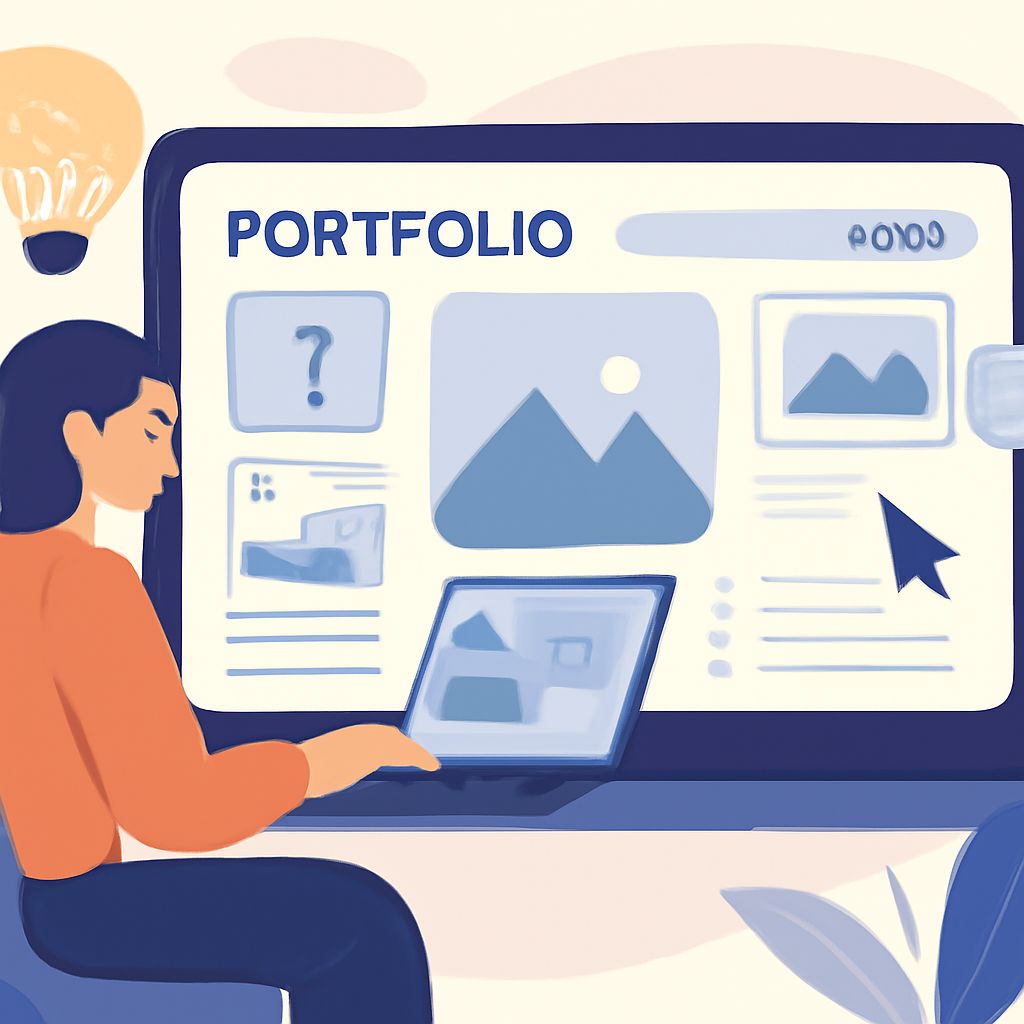 A woman with dark hair is working on a laptop, viewing a portfolio website displayed on a large screen.