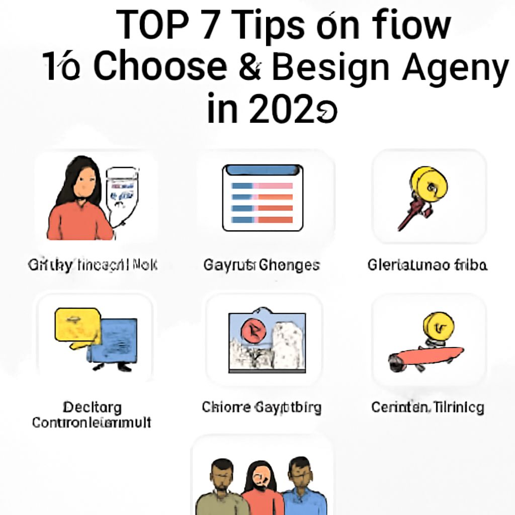 Seven illustrated tips for choosing a design agency, featuring diverse characters and various design-related icons.