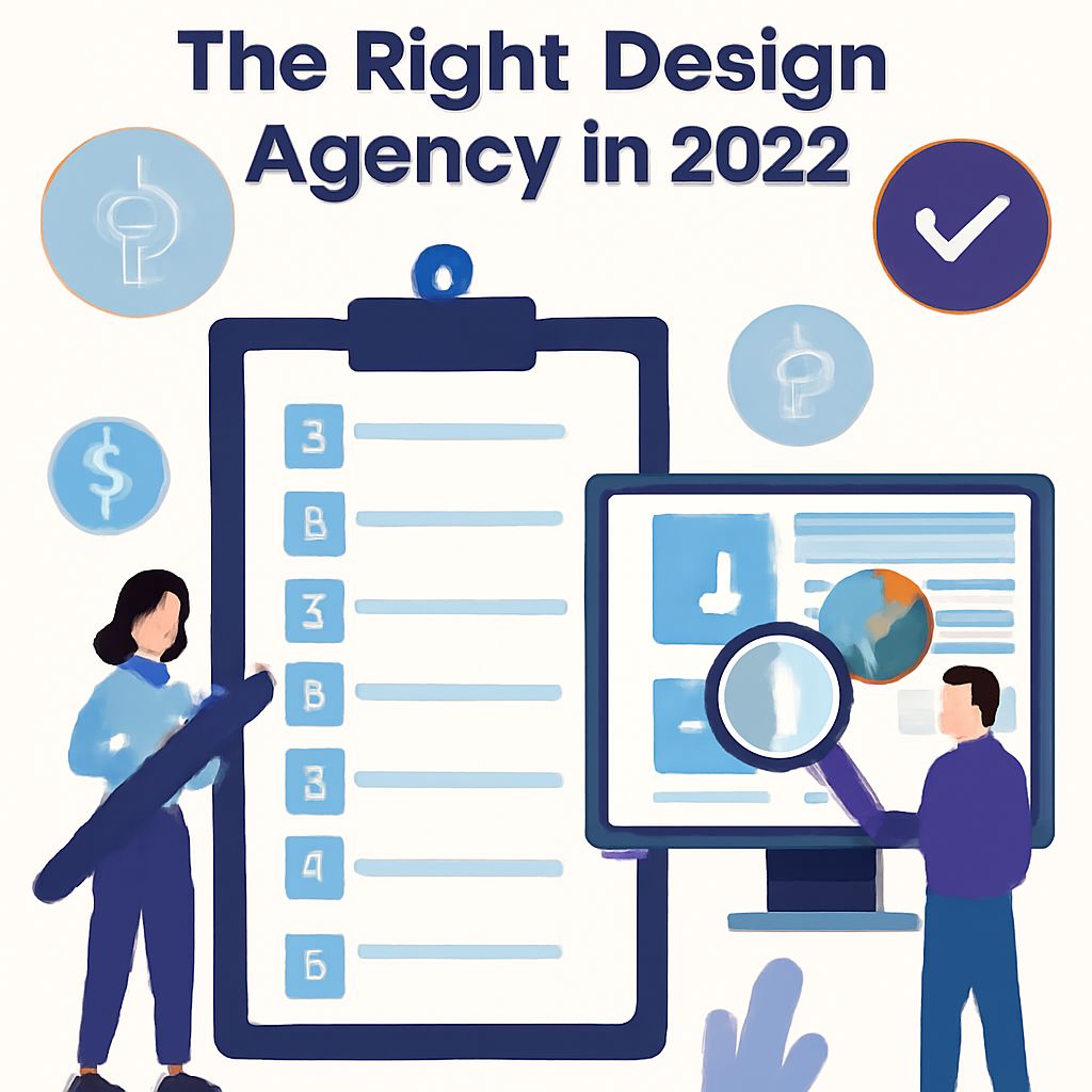 A woman holds a large pencil next to a checklist, while a man examines a computer screen with a magnifying glass.