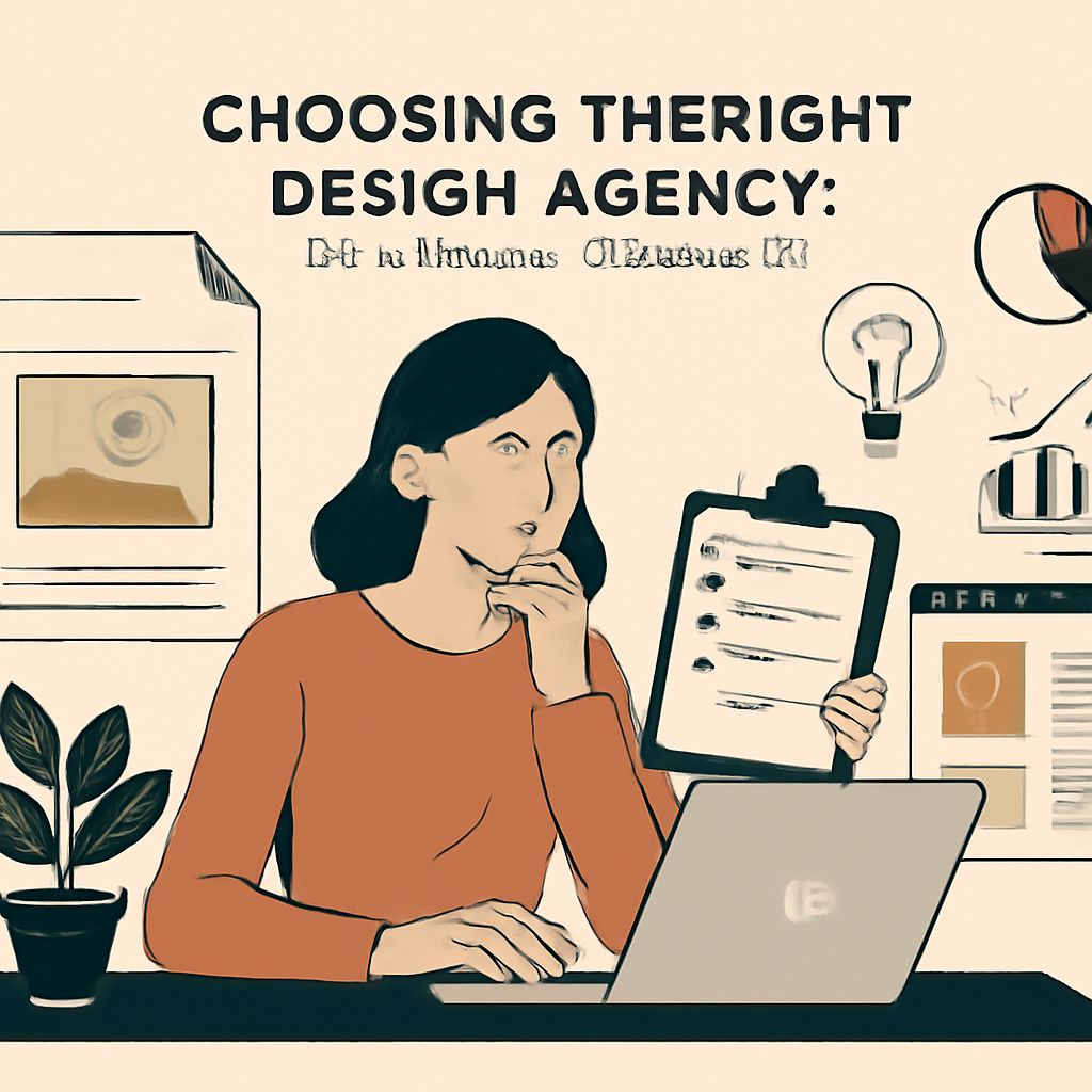 A woman with dark hair sits at a desk, thoughtfully holding her chin, surrounded by design materials and a plant.