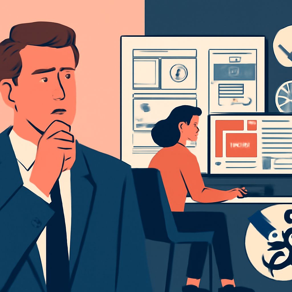 A worried man in a suit stands in front of a woman working on a computer, surrounded by design elements on screens.