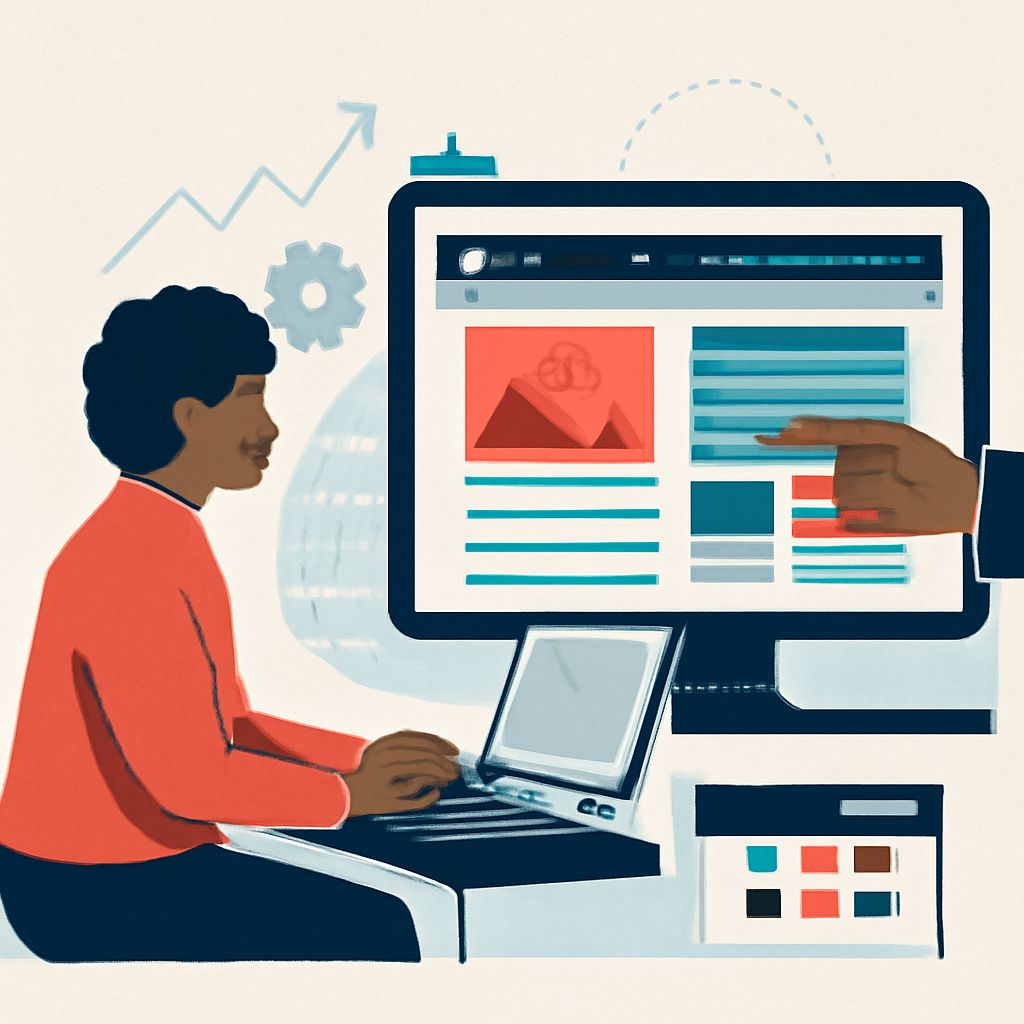 A person with curly hair works on a laptop while reviewing a colorful website design on a large monitor.