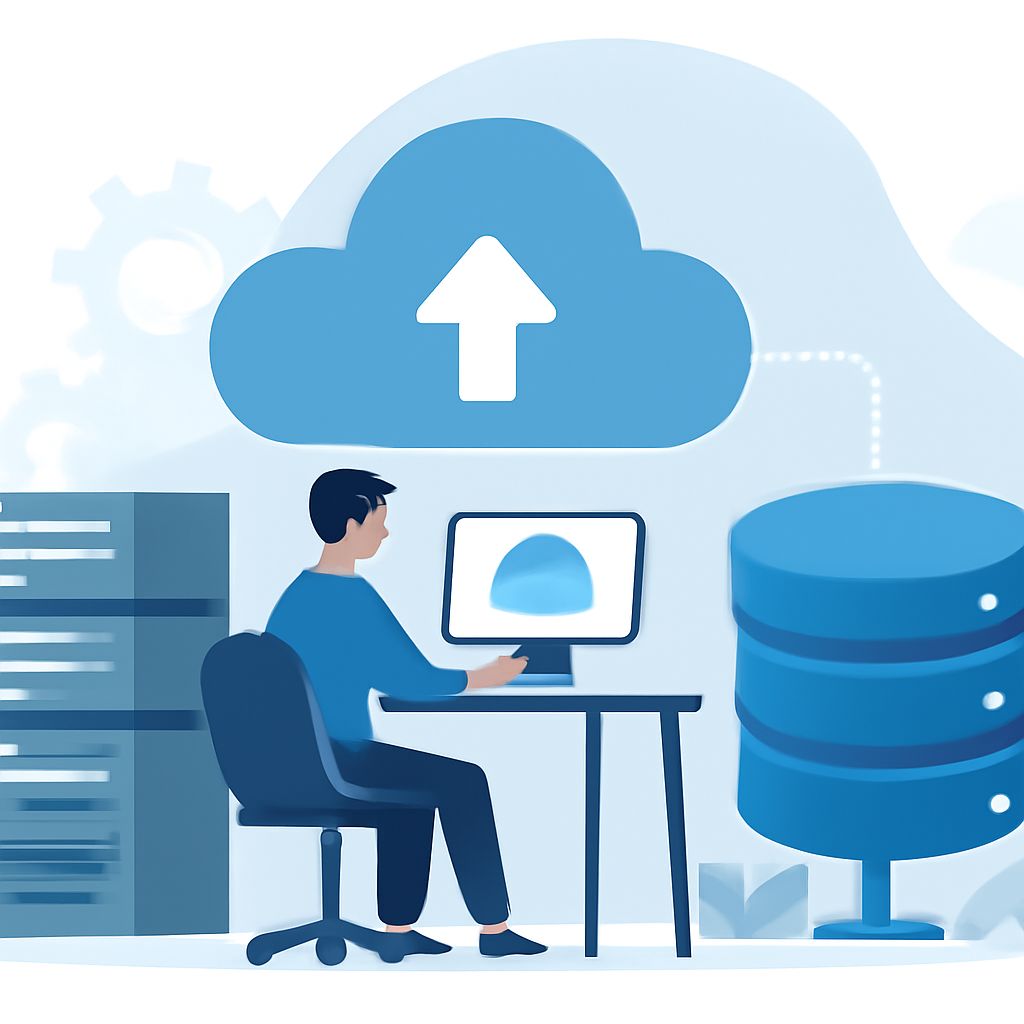 A person sits at a desk, using a computer to upload data to a cloud, with a blue database nearby.