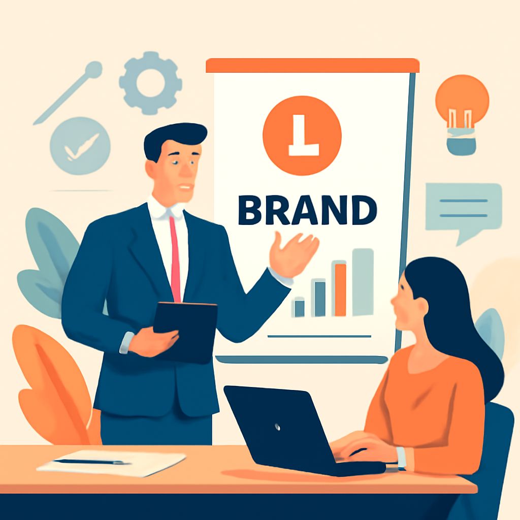 A businessman presents branding strategies to a woman working on a laptop in a modern office setting.