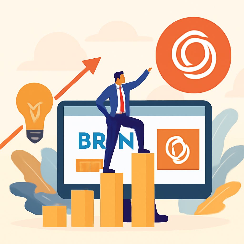 A businessman stands on bar graphs in front of a computer screen displaying branding elements and growth indicators.