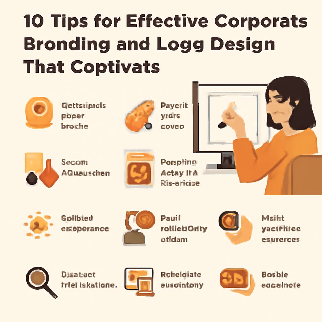 Ten tips for effective corporate branding and logo design, illustrated with icons and a person working at a computer.