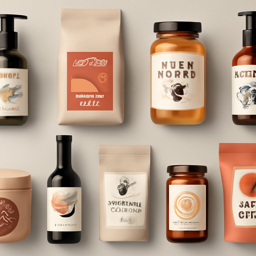 A variety of creatively labeled bottles and jars in earthy tones, arranged aesthetically on a neutral background.
