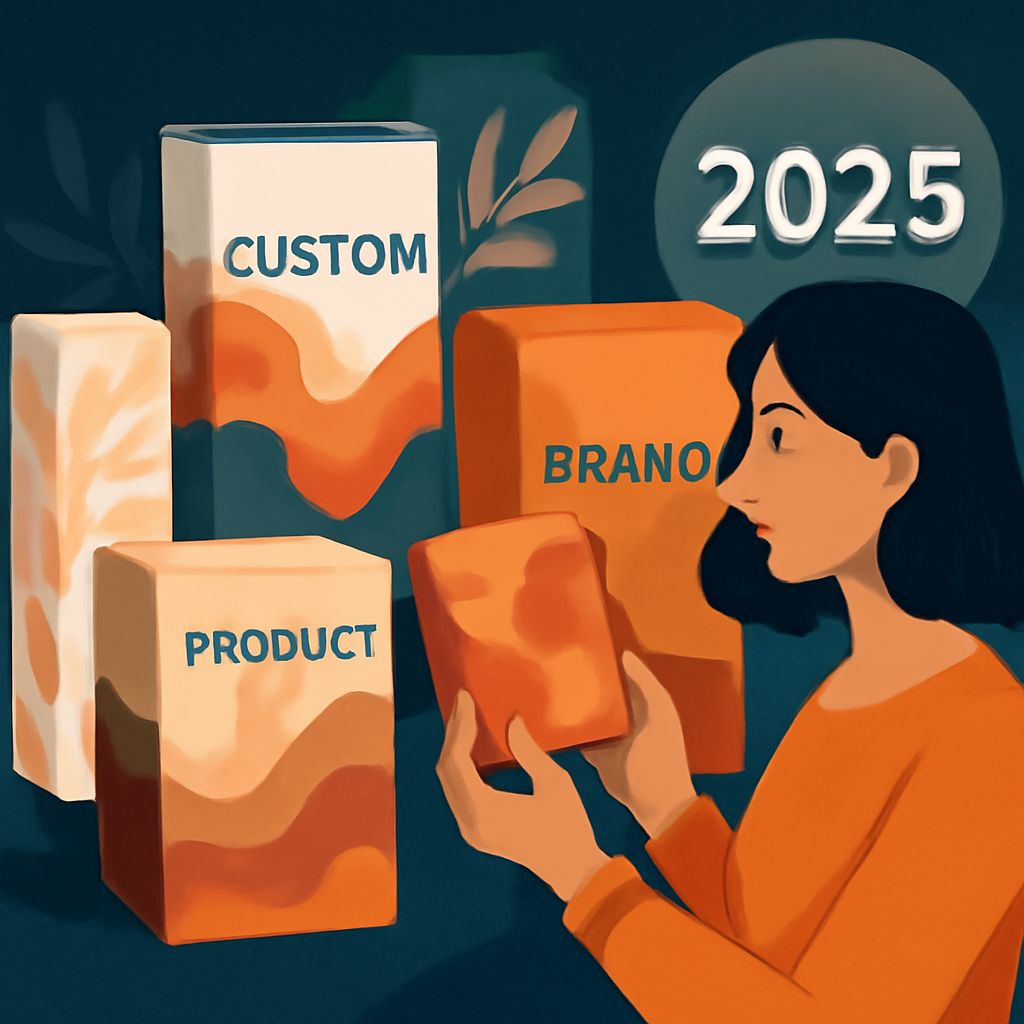 A woman examines colorful packaging designs labeled "CUSTOM," "BRAND," and "PRODUCT" against a dark background.