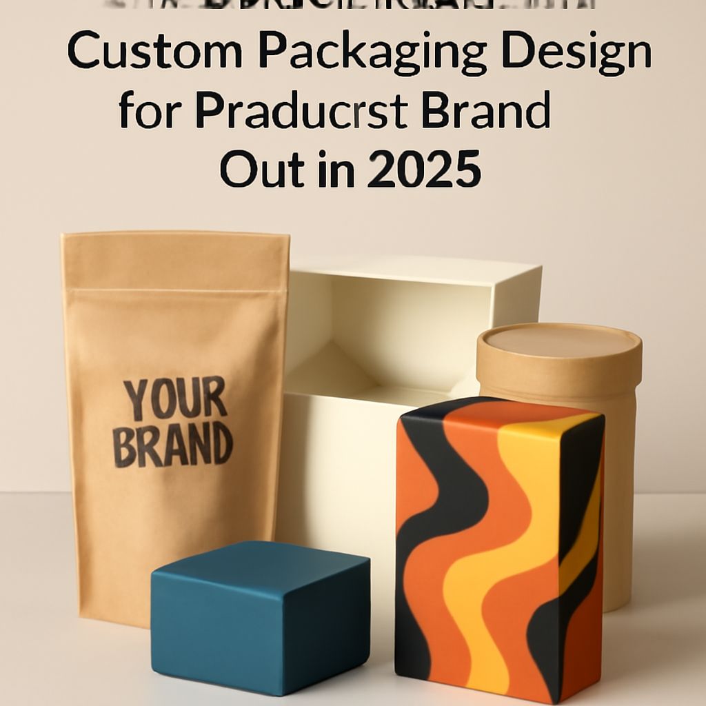 A variety of custom packaging designs, including a brown bag, colorful box, and cylindrical container, showcase branding