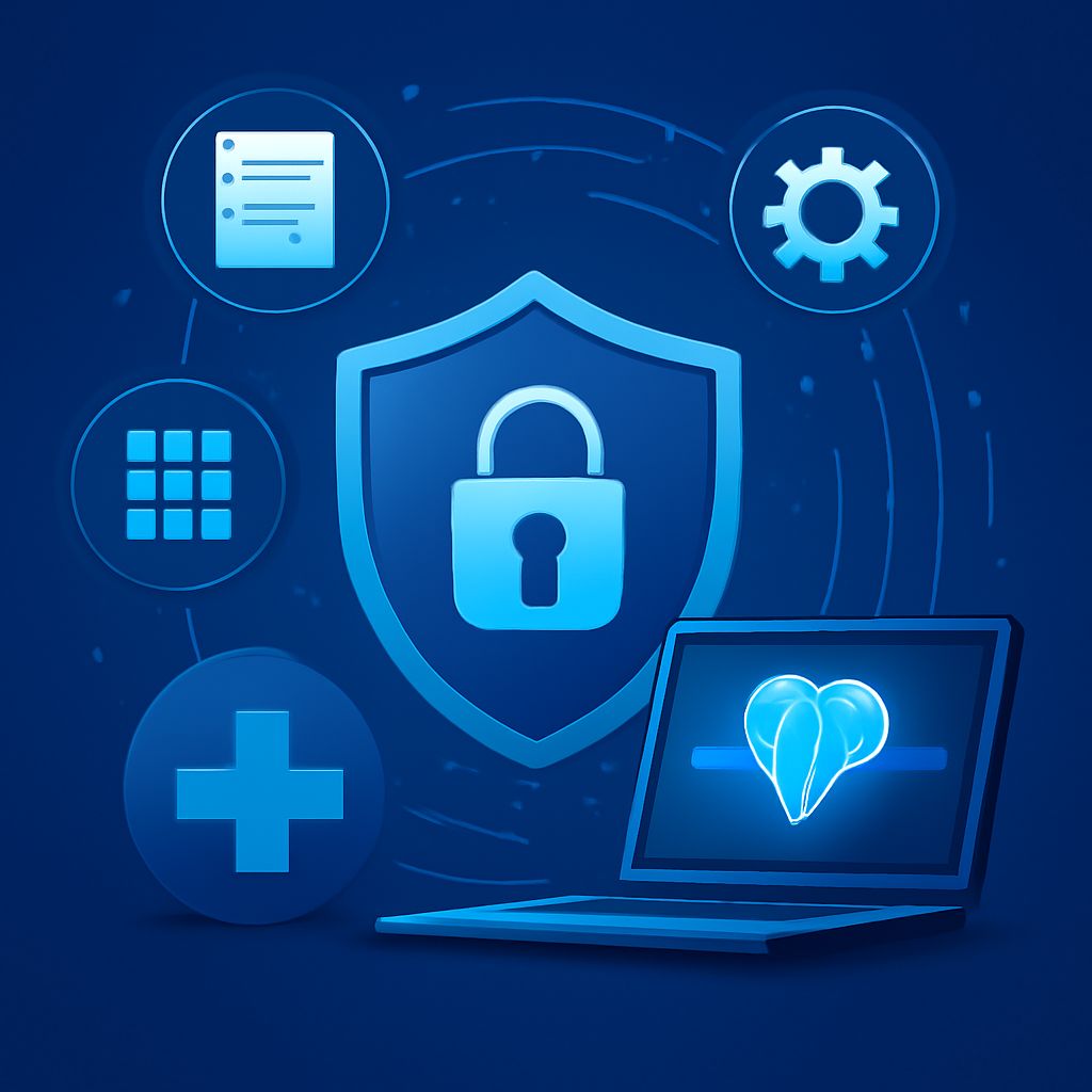 A blue-themed graphic featuring a shield with a lock, a laptop displaying a heart monitor, and various healthcare icons.