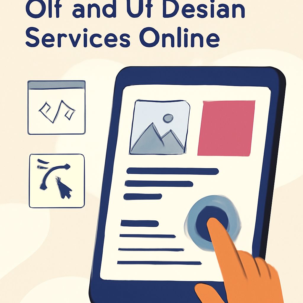A hand interacts with a tablet displaying a user interface design, featuring icons and placeholder images.