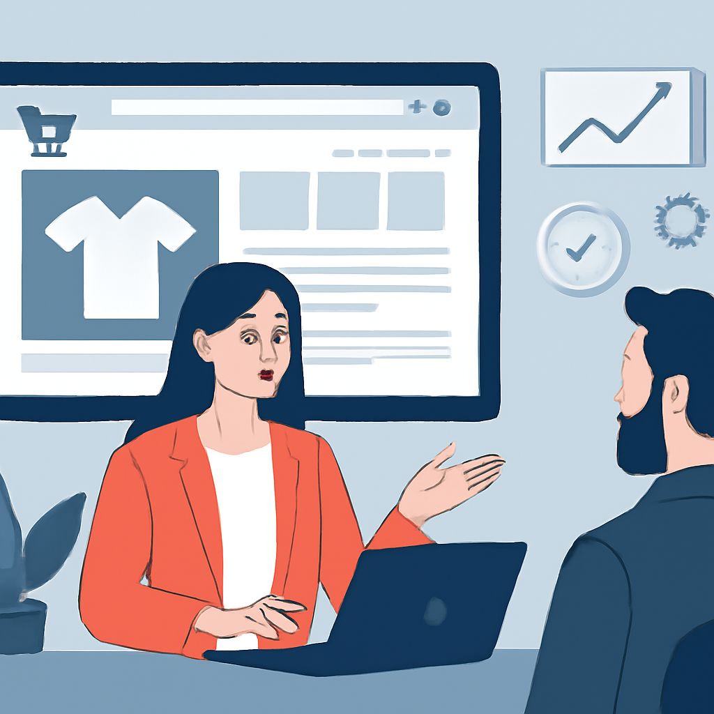 A woman in a red blazer gestures while discussing e-commerce strategies with a man in a blue shirt, with a laptop and we