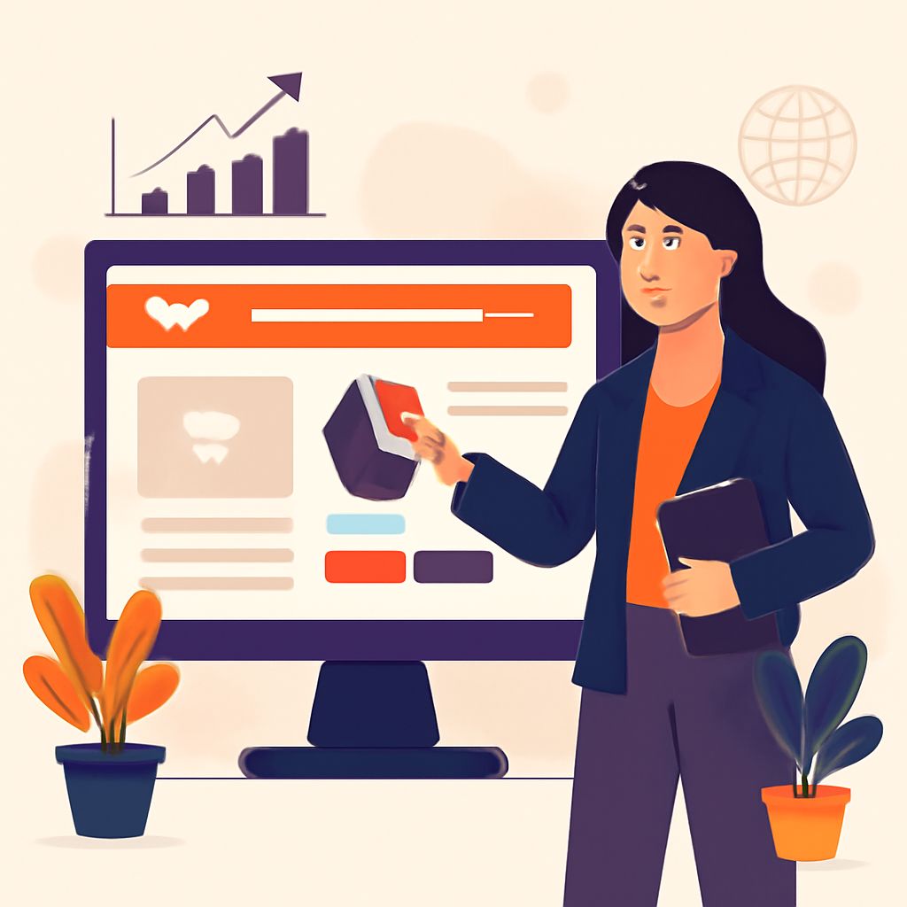 A woman in a blazer holds a product while standing in front of a computer displaying e-commerce design elements and grap