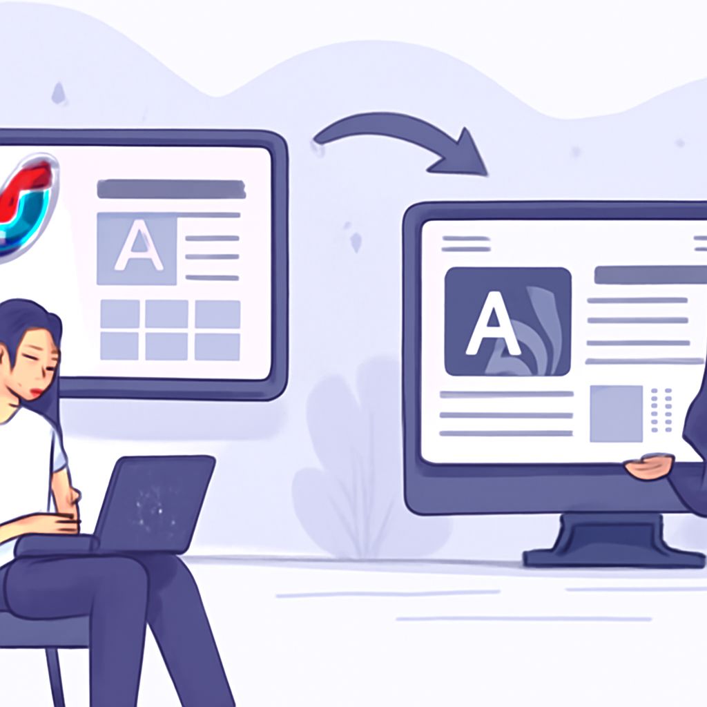 A person sits with a laptop, while two computer screens display design transitions from Figma to a website layout.