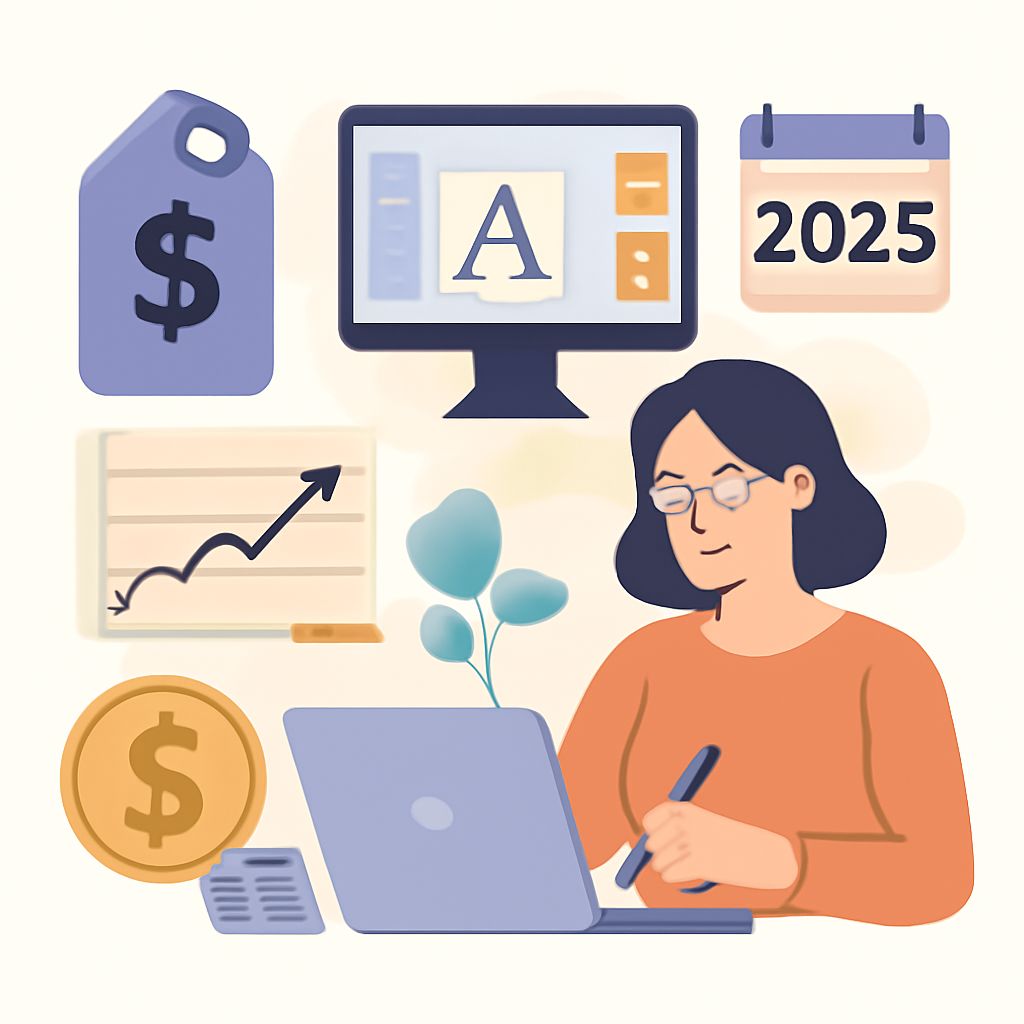 A woman with glasses writes on a laptop, surrounded by design elements, dollar signs, and a calendar for 2025.