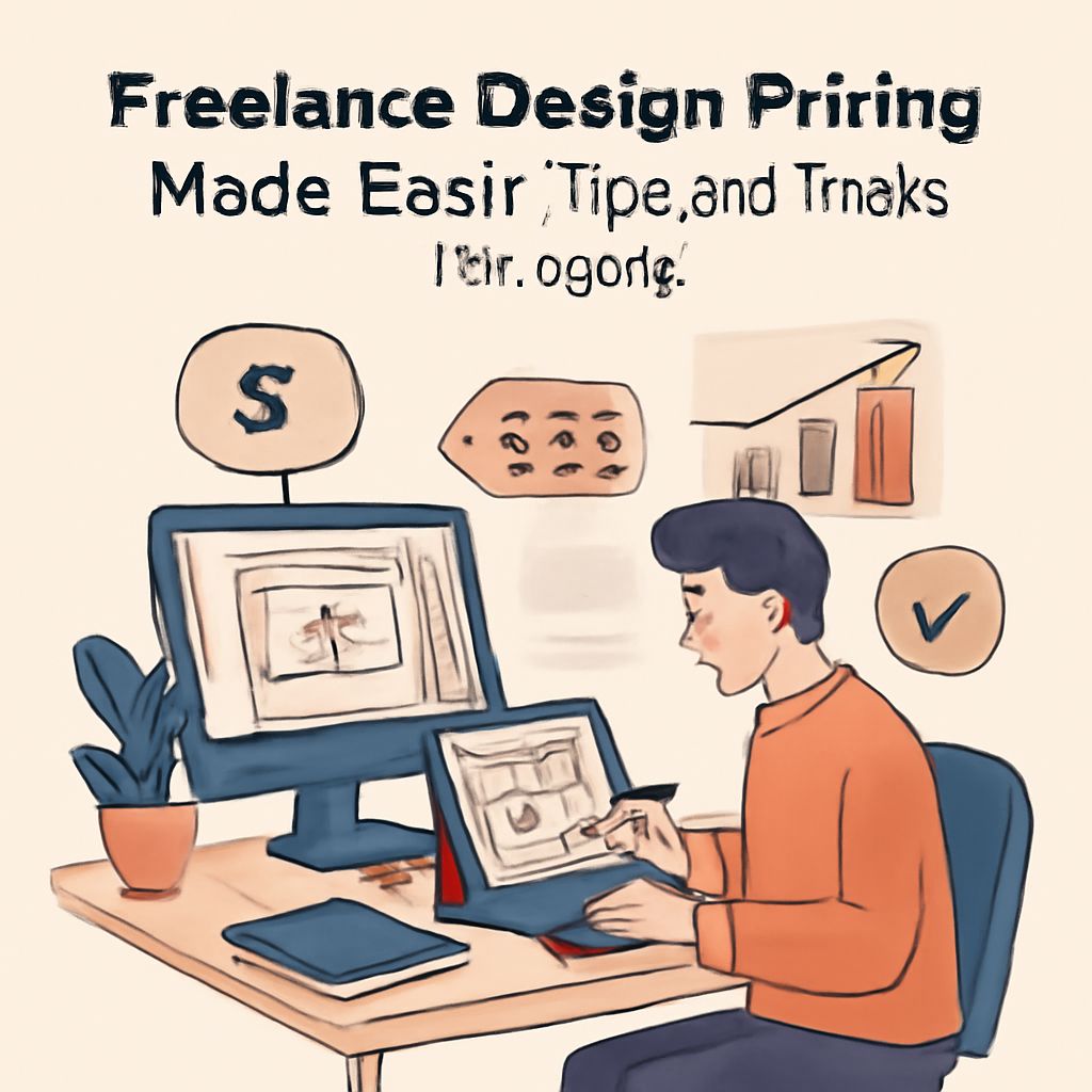 A person in a coral sweater works at a desk with two monitors displaying design concepts and pricing tips.