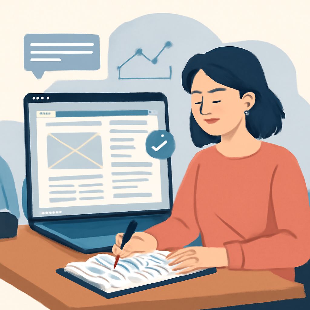 A woman with short dark hair writes in a notebook while focused on a laptop displaying a website layout.