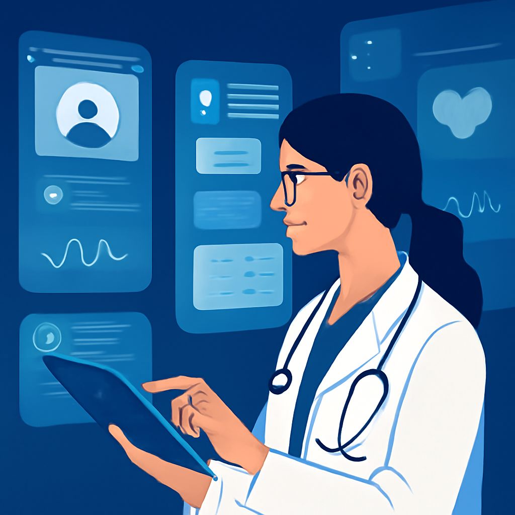 A healthcare professional in a white coat uses a tablet, surrounded by digital health interface screens in blue tones.