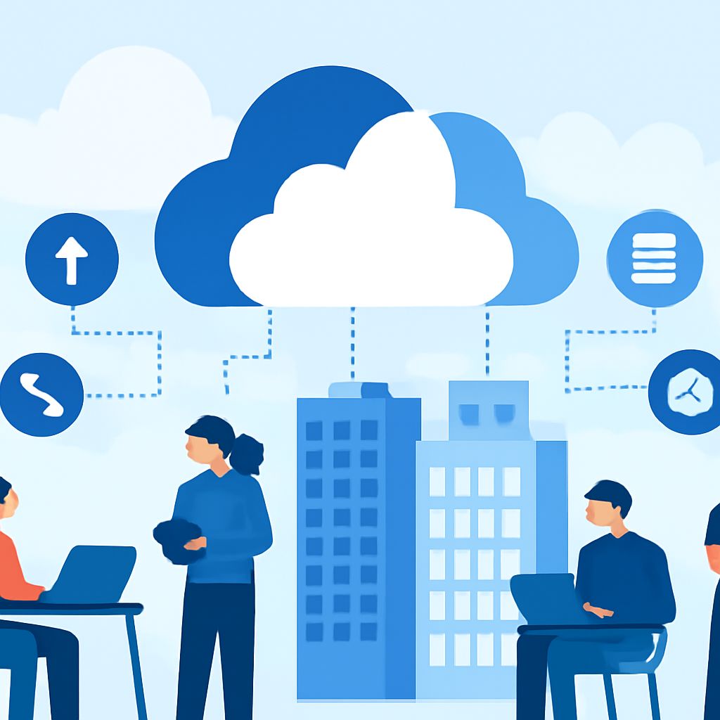 Two people work on laptops while a third person stands nearby, with a cloud symbol and data icons above urban buildings.