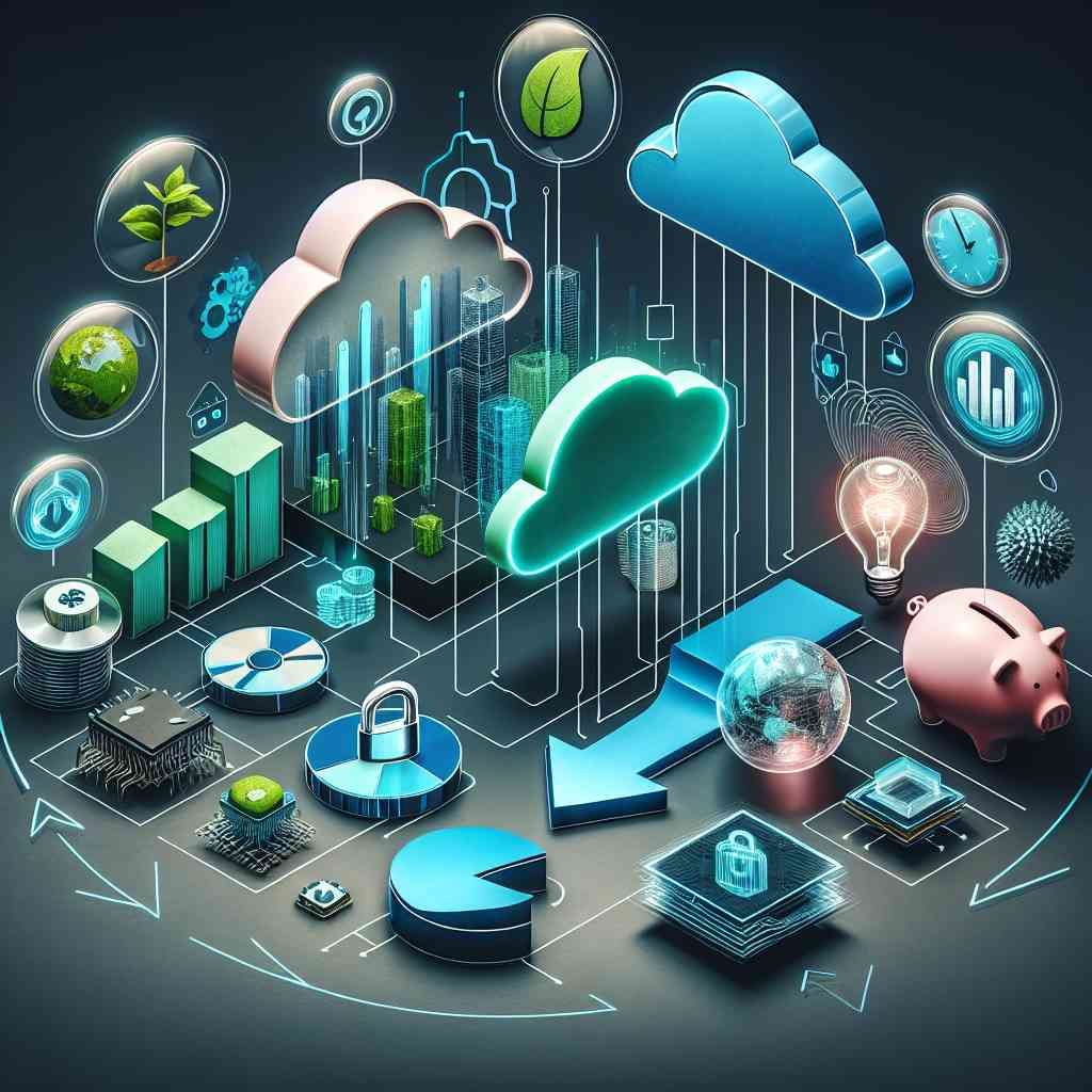 A digital collage featuring cloud icons, graphs, a piggy bank, and various technology symbols representing cost reductio