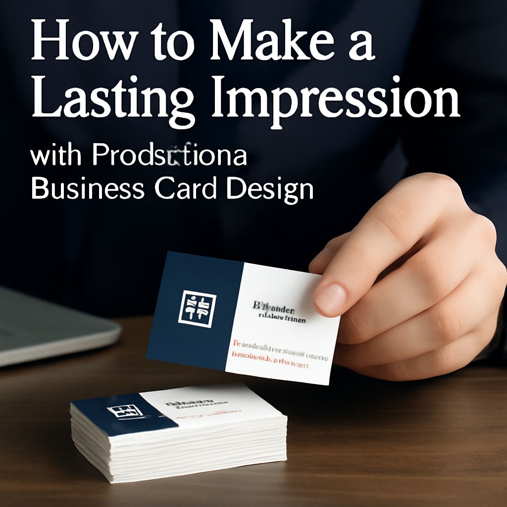 A hand holds a stylish business card above a stack of cards on a wooden desk, with a laptop in the background.