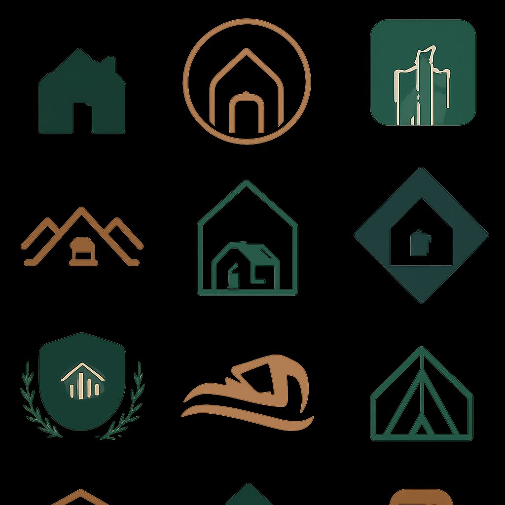 A grid of various real estate logo designs featuring houses, roofs, and abstract shapes in green, brown, and gold tones.