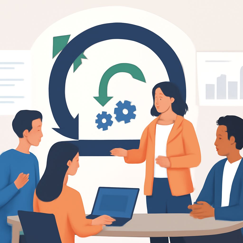 A woman in an orange jacket presents agile development concepts to three colleagues at a round table with a laptop.