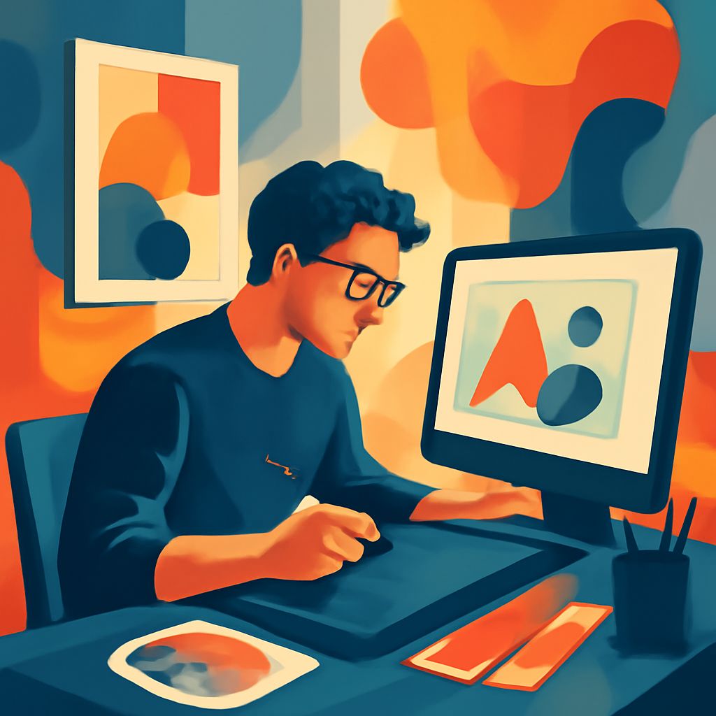 A designer with glasses works intently on a digital tablet, surrounded by colorful abstract art and a computer screen.