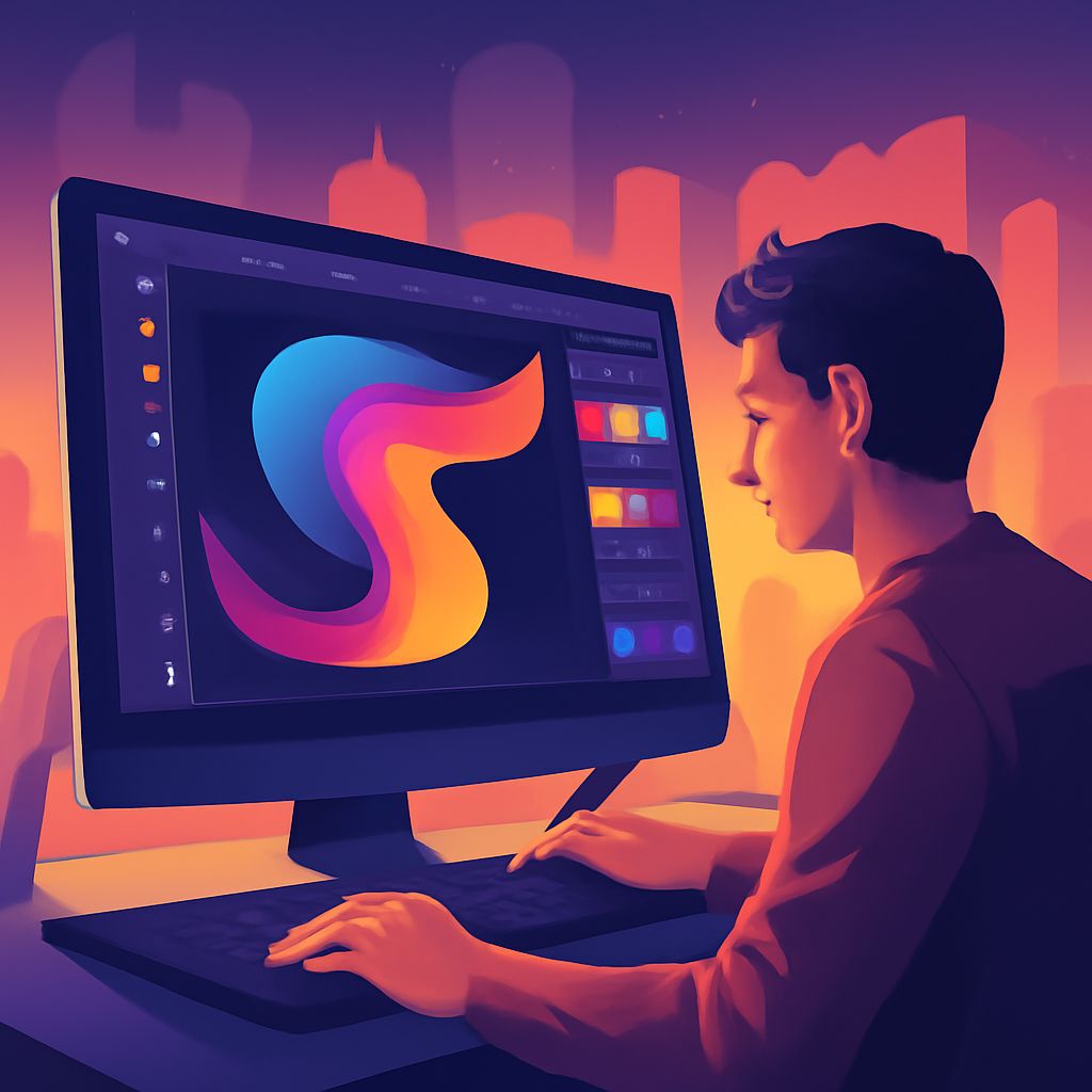 A young man designs a colorful logo on a computer, with a vibrant city skyline glowing in the background.