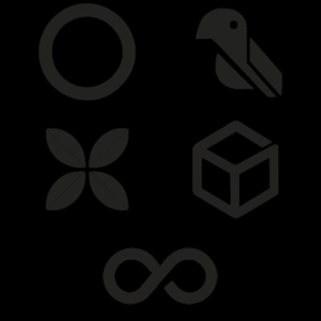 A grid of five minimalist black icons featuring a circle, bird, flower, cube, and infinity symbol on a white background.