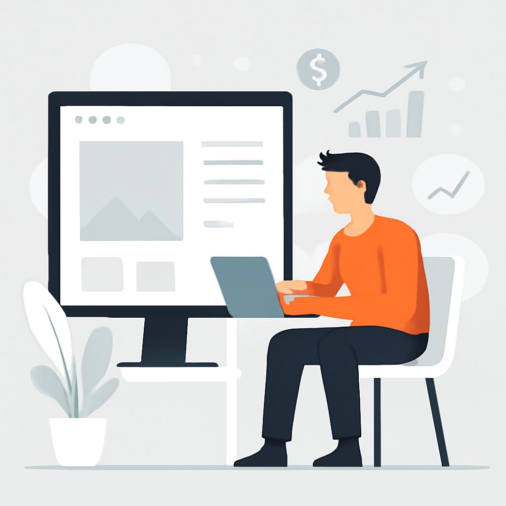 A person in an orange shirt works on a laptop in front of a large monitor displaying a website layout and graphs.