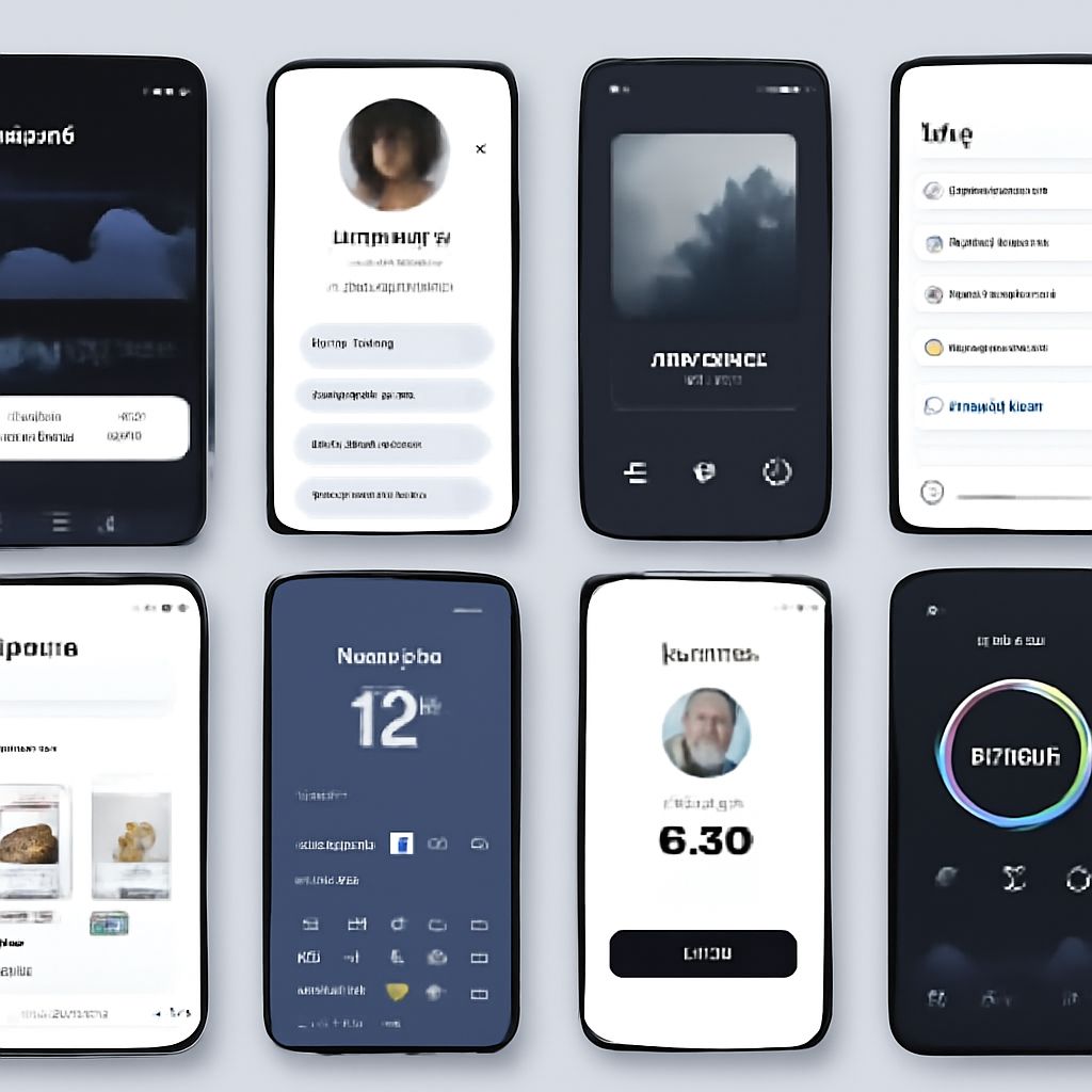 A grid of eight smartphone screens showcasing various mobile app user interfaces with dark themes and diverse content.