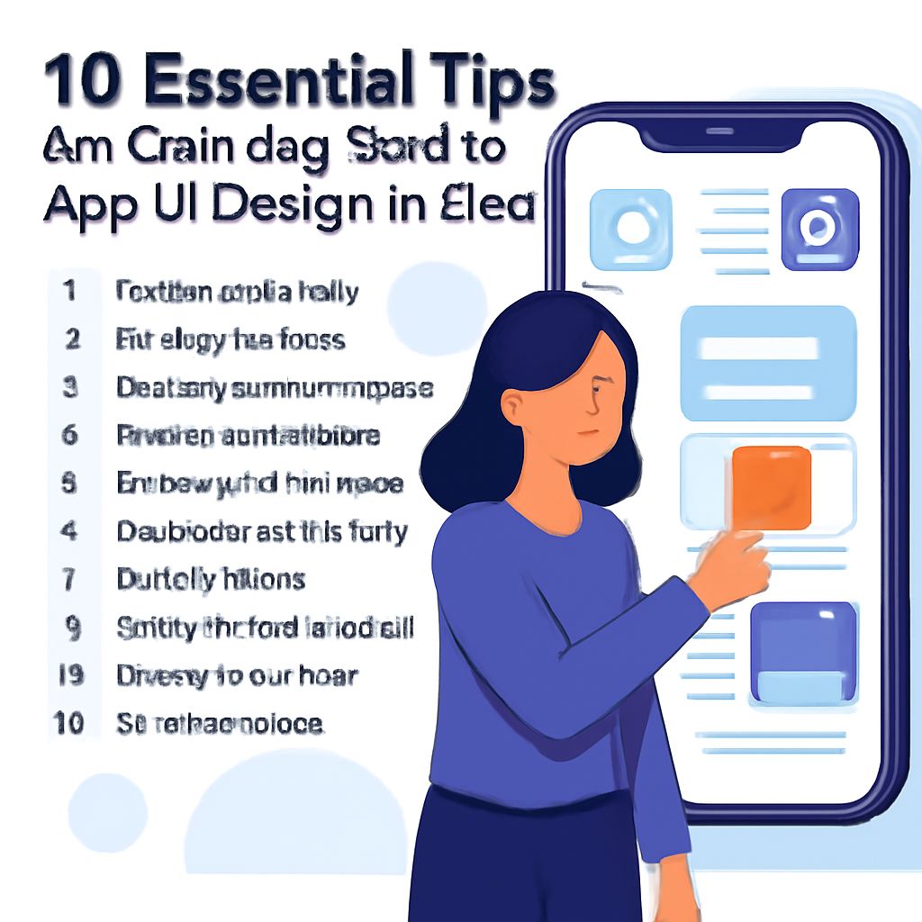 A woman with dark hair interacts with a smartphone displaying a list of ten essential app UI design tips.