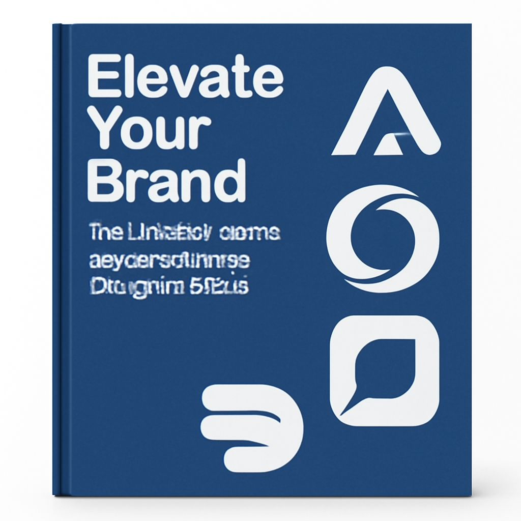 A blue book cover features the text "Elevate Your Brand" alongside various modern logo designs in white.