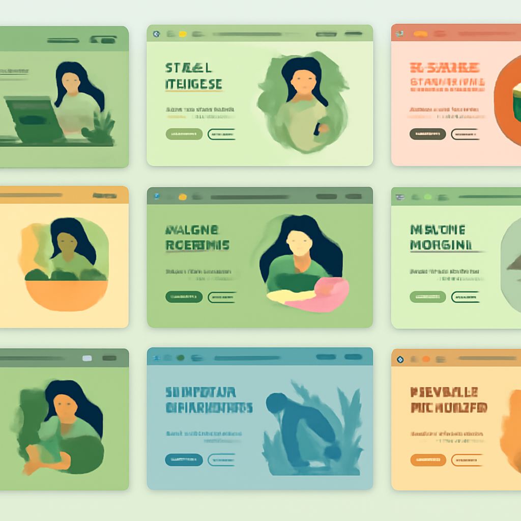 Nine website mockups feature abstract illustrations of women in various poses, set against soft green and pastel backgro