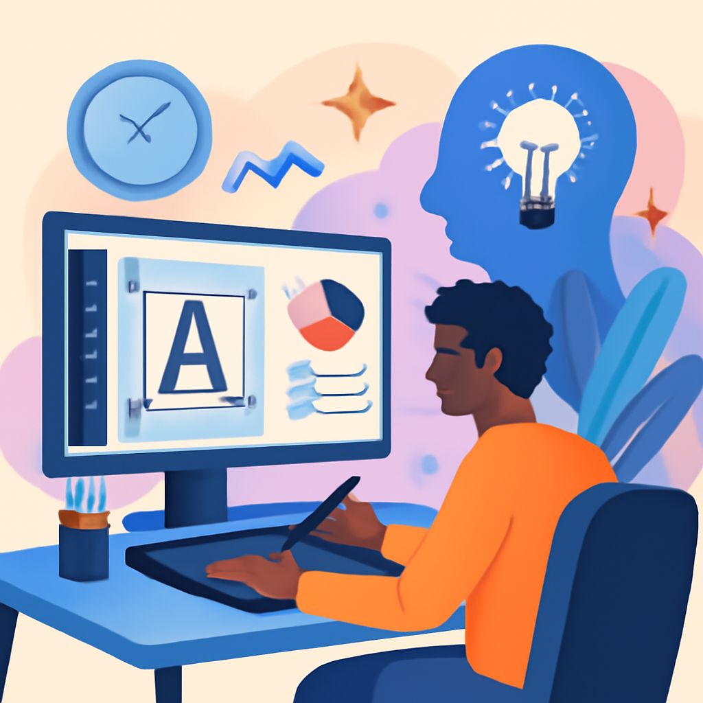 A person with dark hair sketches on a tablet while looking at a computer screen displaying design elements and graphics.