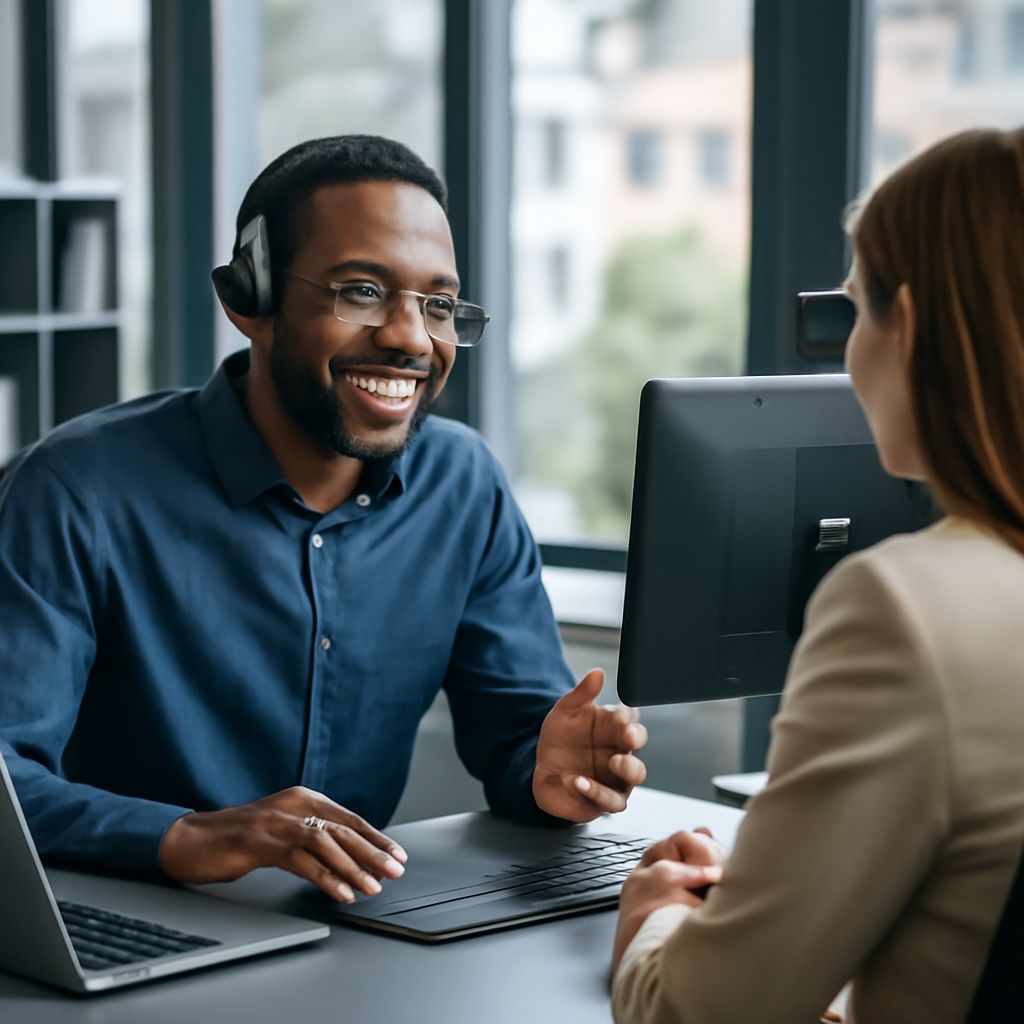 A smiling man in a blue shirt and headset engages with a woman at a desk, with computers and a bright office backdrop.