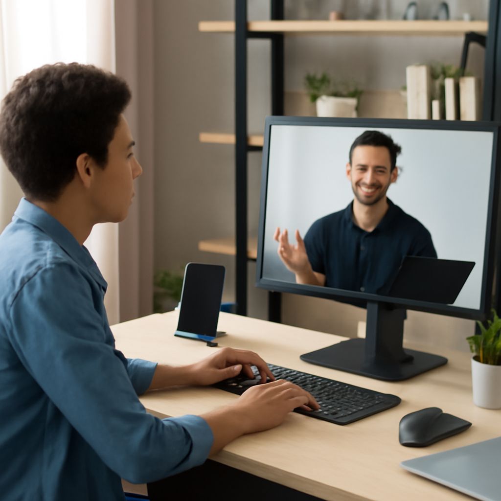 A young man sits at a desk, engaging in a video call with a smiling man on the monitor, surrounded by plants and a phone