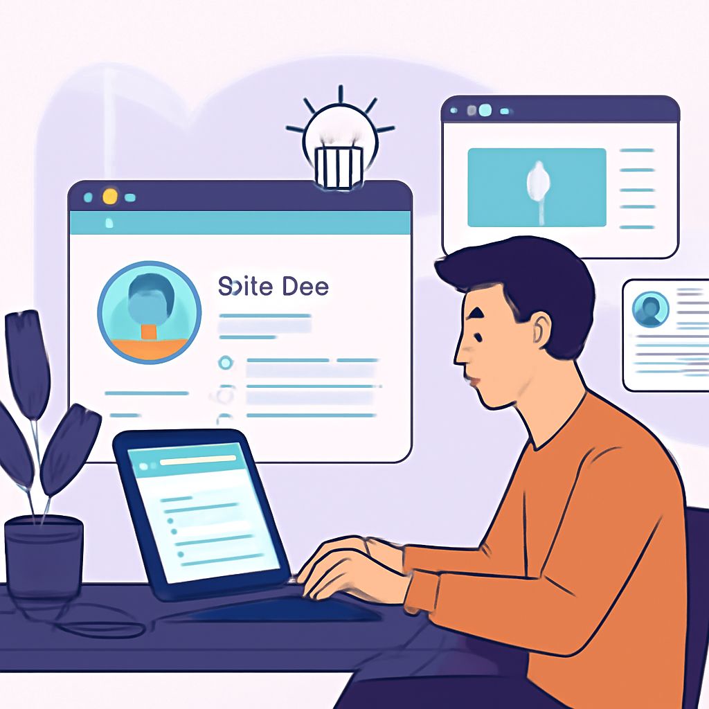 A person in an orange shirt types on a laptop surrounded by website design mockups and a potted plant.