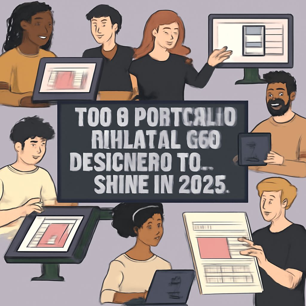 A diverse group of designers collaborates around digital devices, showcasing portfolio ideas for 2025.