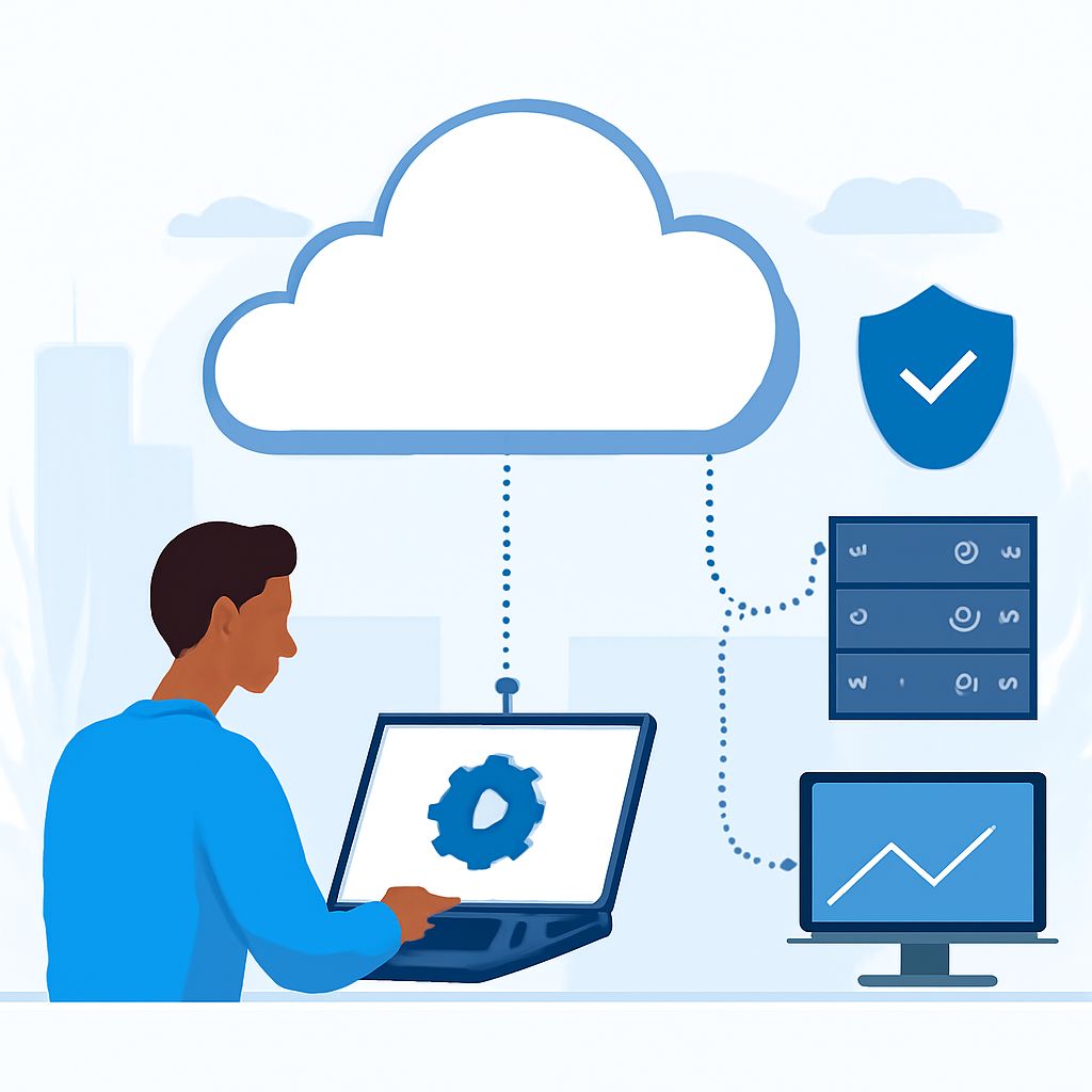 A person in a blue shirt operates a laptop displaying a gear icon, connected to a cloud and data storage symbols.