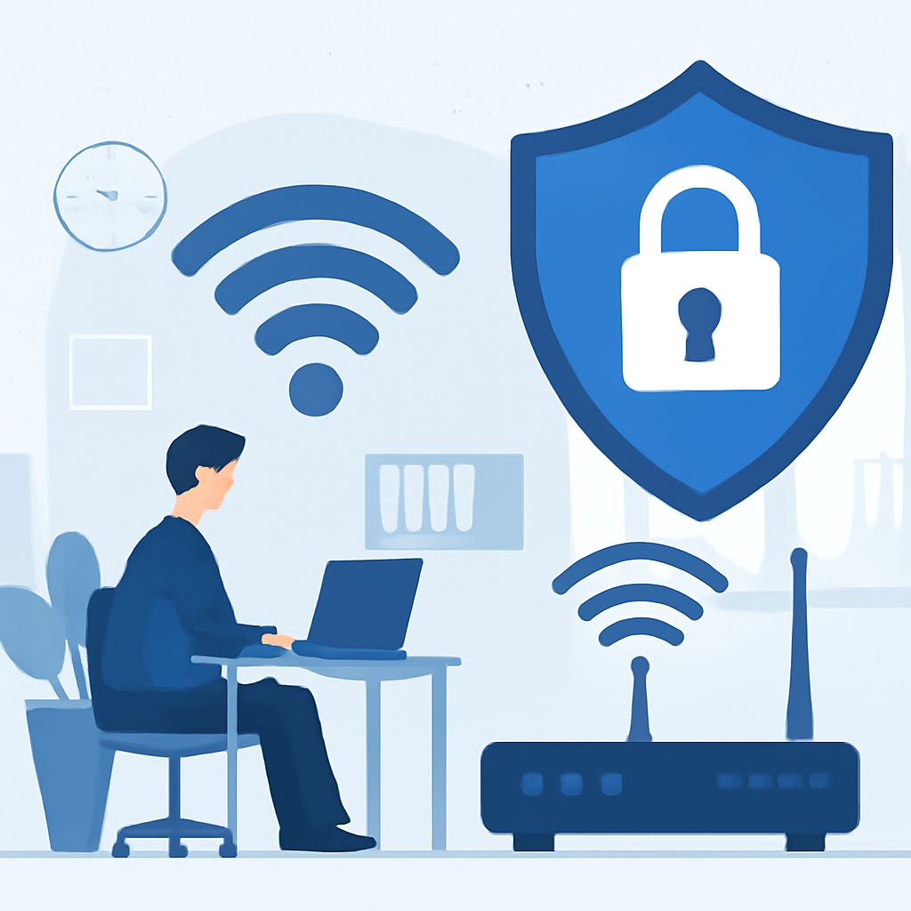 A person sits at a desk with a laptop, surrounded by wireless signals and a shield icon symbolizing security.
