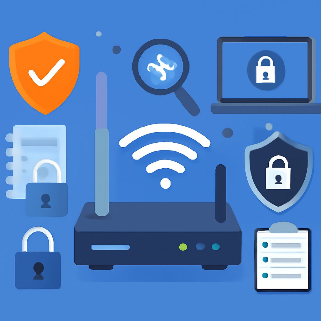 A dark blue wireless router is surrounded by security icons, a laptop, and a checklist on a light blue background.