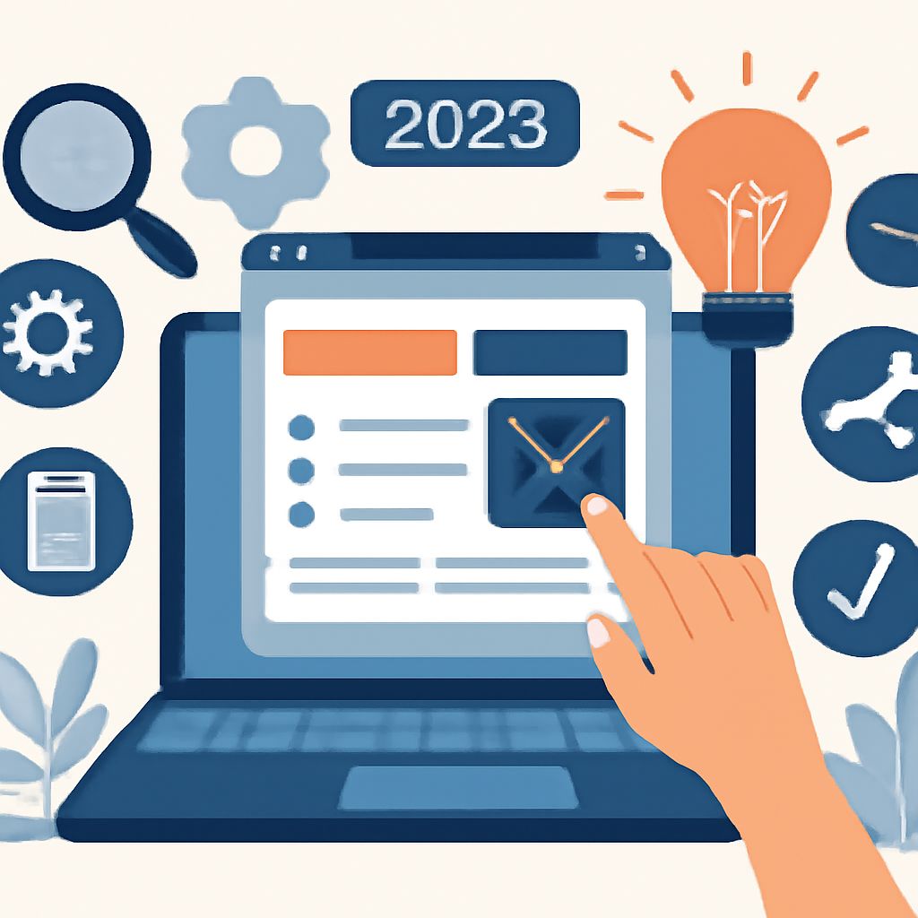 A hand hovers over a laptop screen displaying a website layout, surrounded by icons representing tools and ideas for 202